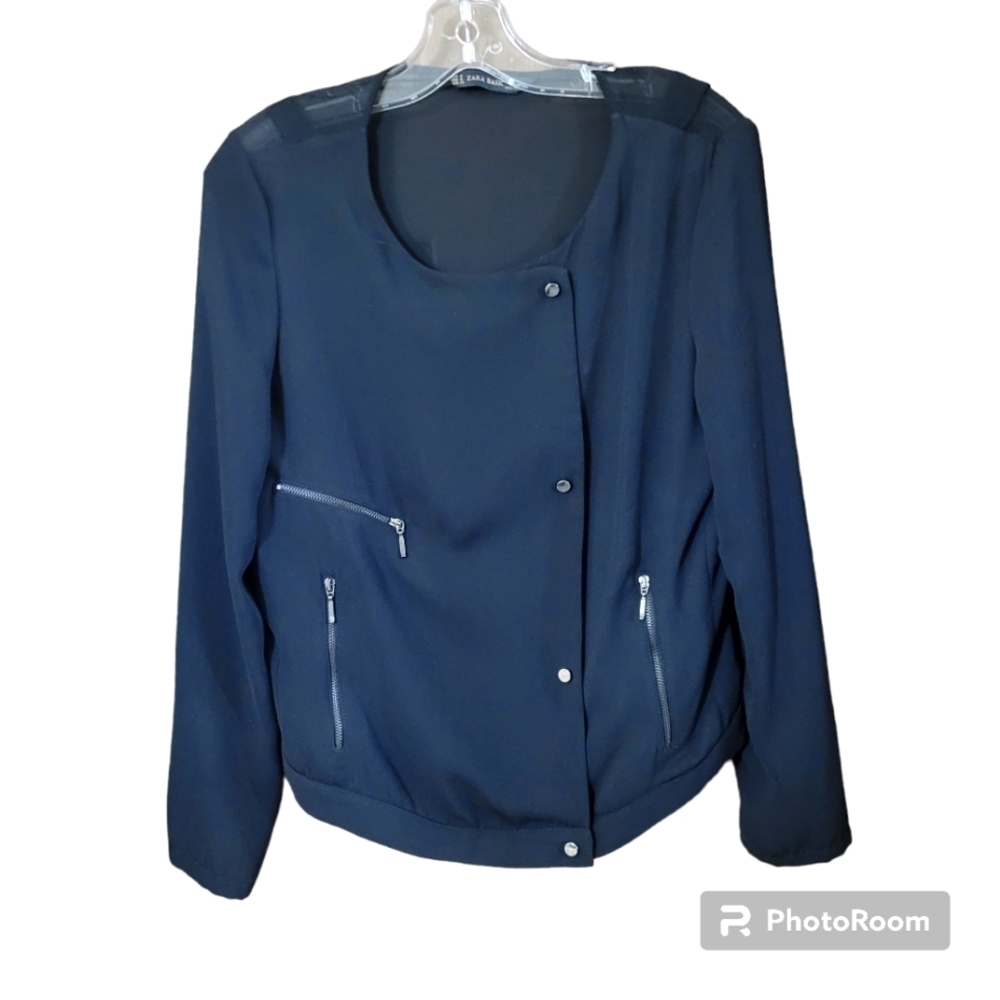 ZARA black lightweight snap front sheer back zippered pockets moto style jacket*
